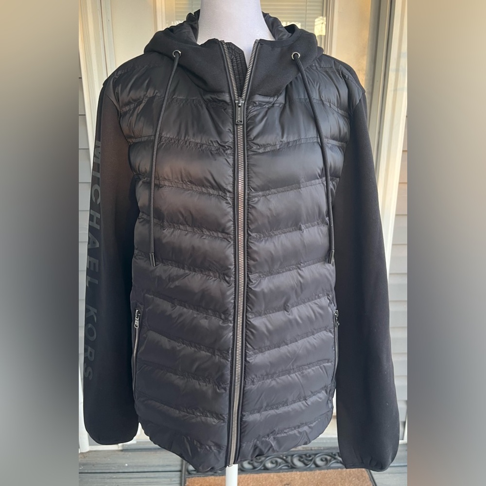 Men’s Michael Kors Black Hooded Galway Quilted Mixed Media Jacket size medium
